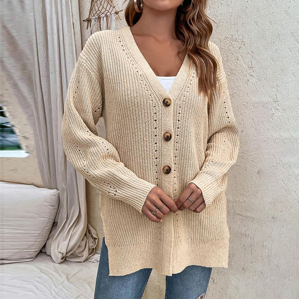 Damen Modischer Temperament Einfarbig Hohlknopf Schlitz Strickmantel