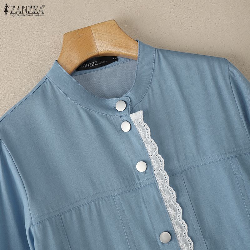 ZANZEA Women Casual Round Neck Loose Long Sleeve Blouse