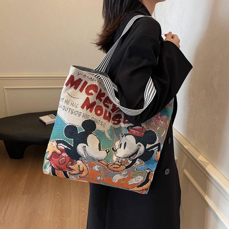 Geantă tote de pânză pentru femei cu capacitate mare și broderie de desene animate