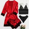 European V-Neck Pajama Set: Lace Satin Camisole & Long-Sleeve Robe, Four-Piece Homewear Set