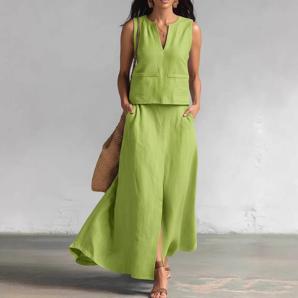Women's Fashion Color Sleeveless Cotton Linen V-neck Sleeveless Top, Casual Pocket Skirt Two-piece Set