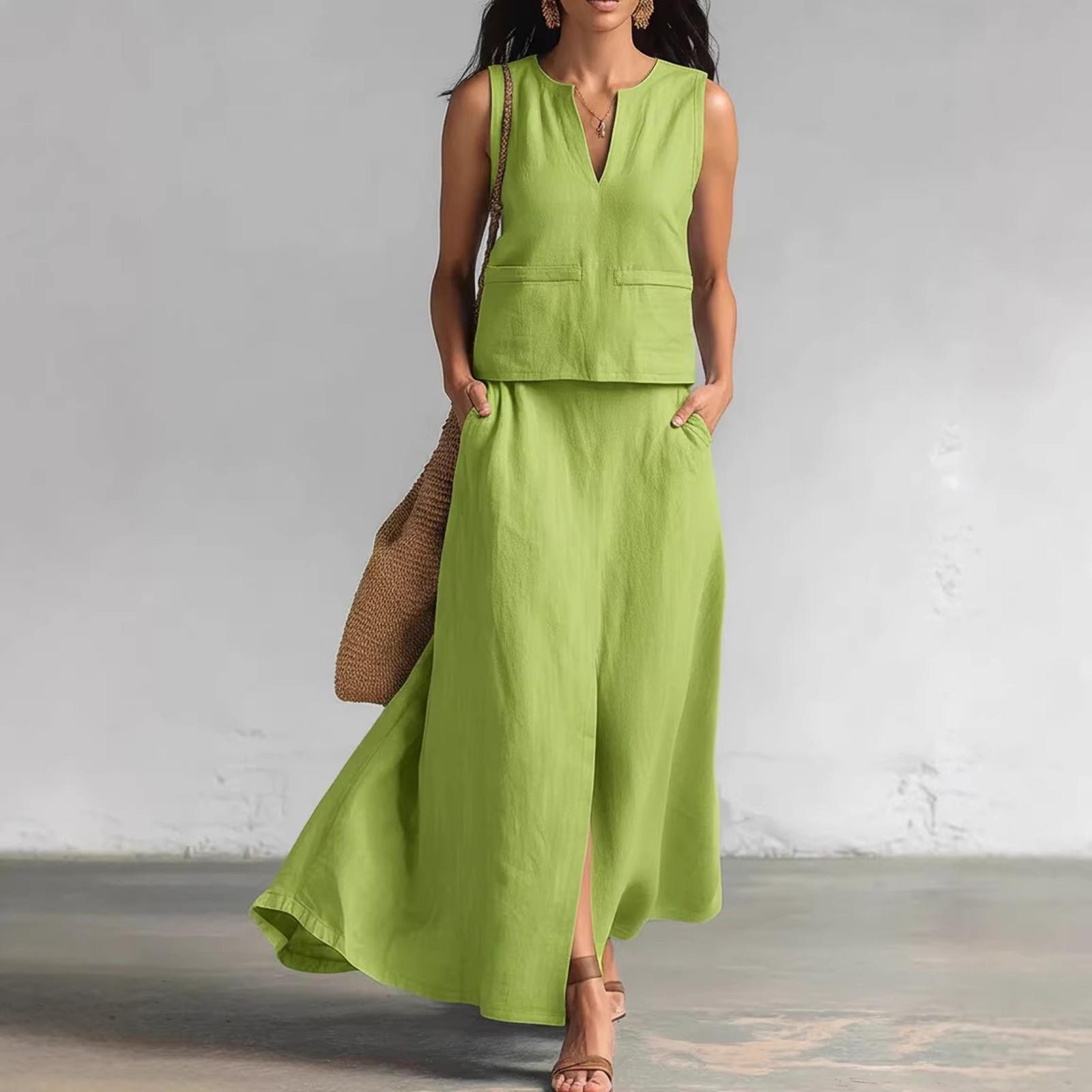 Women s Fashion Color Sleeveless Cotton Linen V-neck Sleeveless Top, Casual Pocket Skirt Two-piece Set M