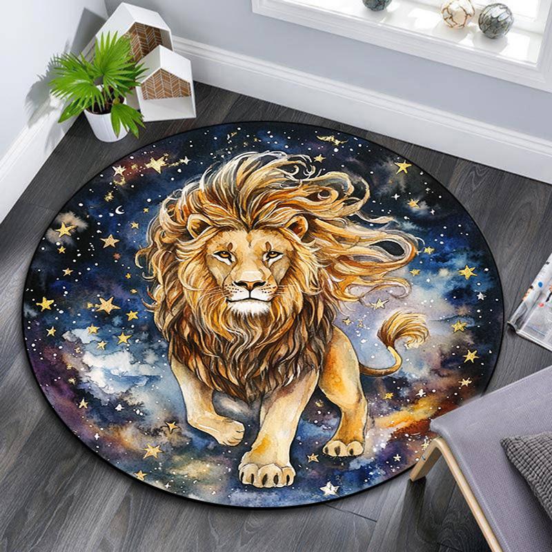 Lion Waves Stars Round Area Rug,Carpet Rug for Living Room Bedroom Sofa Playroom Decor,Non-slip Floor Mat