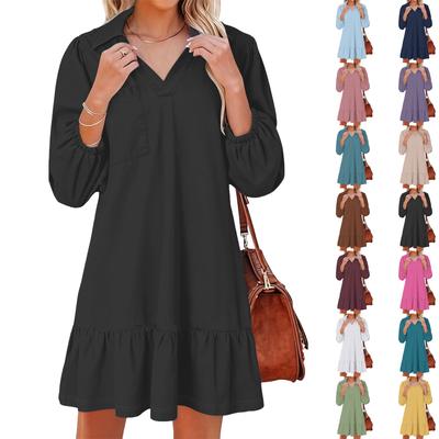 Women's Fashionable and Elegant Long-sleeved V-neck Color Dress with Pockets