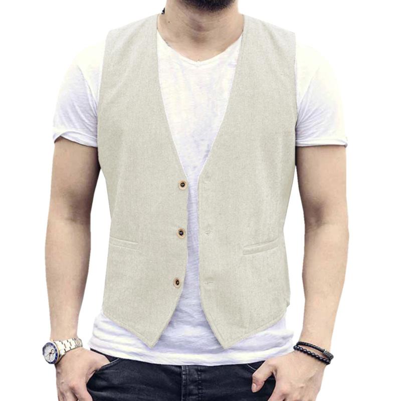Leinen Herren Weste Hochzeit Bräutigam Unifarbene Weste Retro Vintage Bankett Gilet Herren Weste Anzug