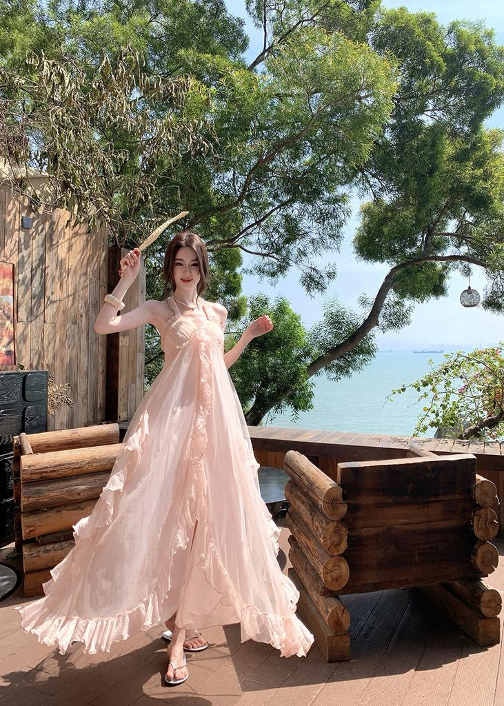 New Vacation Soft Pink Tulle Dress Fairy Elegant Mesh Morning Robe Dress