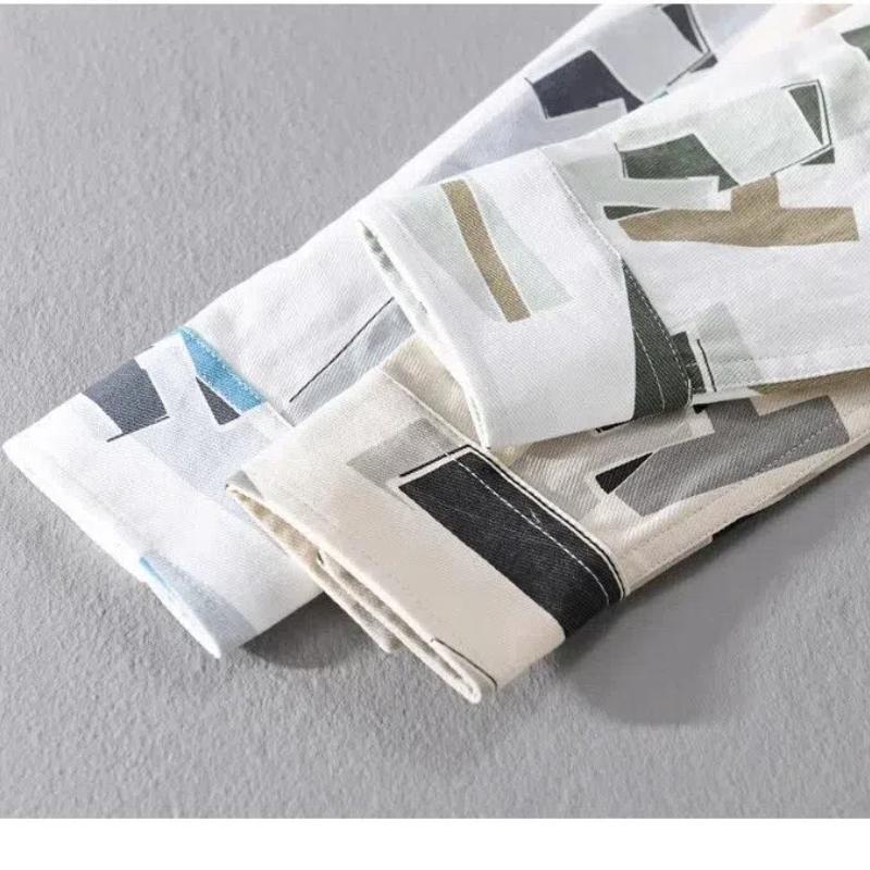 Summer Men's New Splicing Square Collar Button Pocket Printed Trendy Minimalist Casual Loose Fashion Long Sleeve Shirts