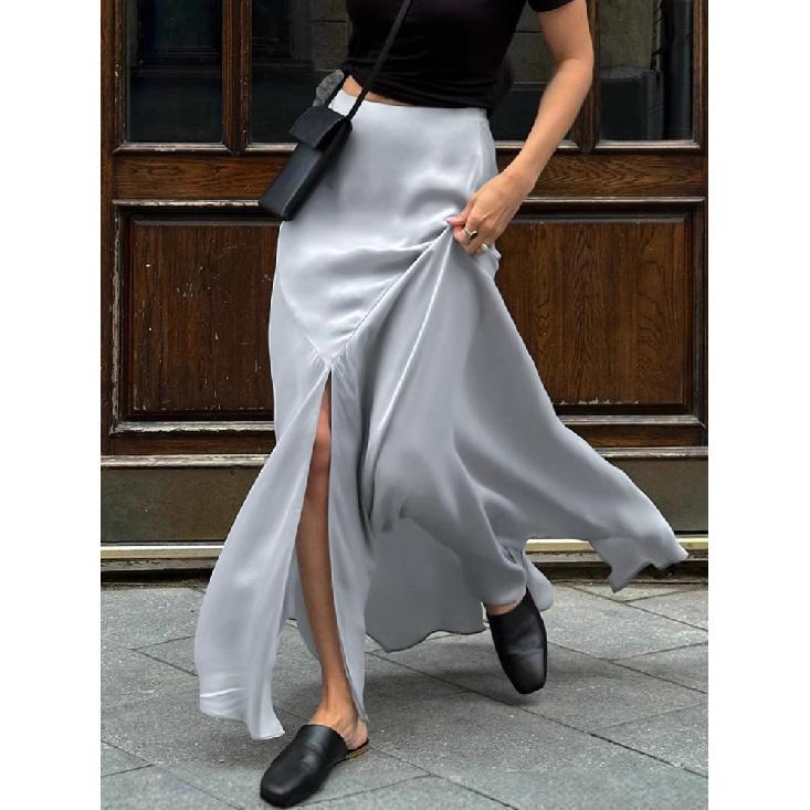 Elegante graue Satinkleider für Damen Mode Mid-Waist Schlitz Einfarbig Röcke Lässig Neu Locker Knöchellang Rock Streetwear