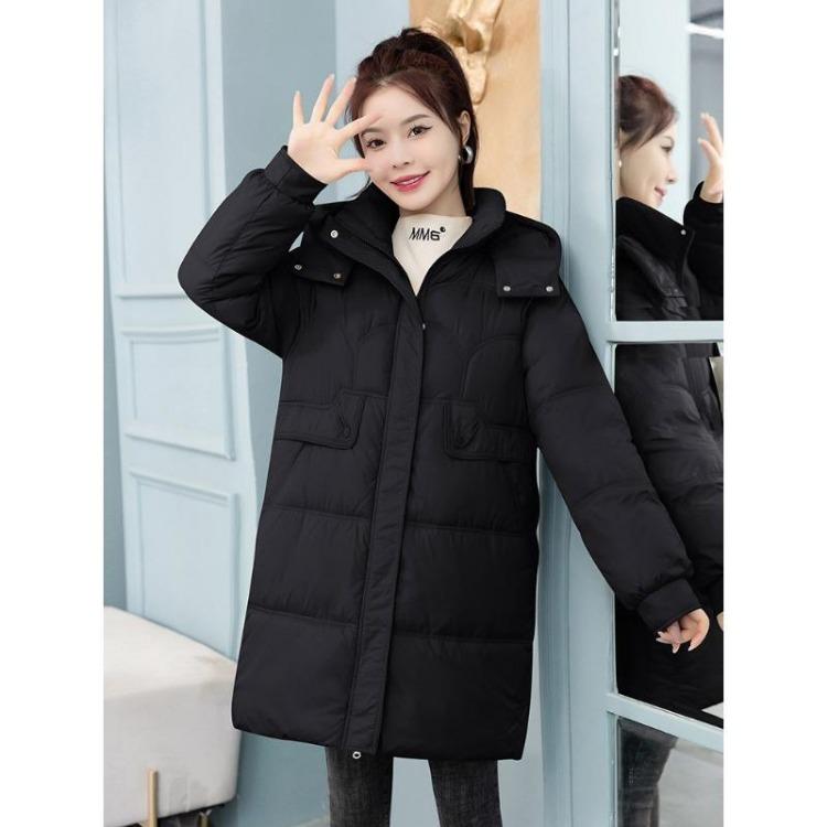 Winter Warm Women's Hooded Puffer Coat Mid Length Stand Collar Removable Thickened Down Cotton Jacket