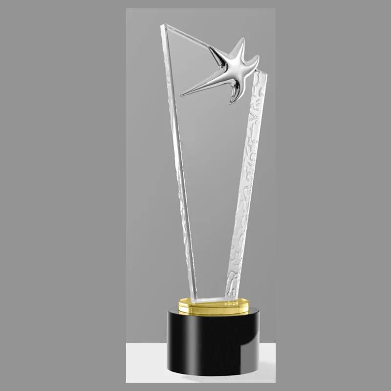 Customized High Grade Metal Gold, Silver, Copper Crown, Eagle, Pentagram, Awards, Commemorative Blade Shape, Crystal Trophy, 1Pc