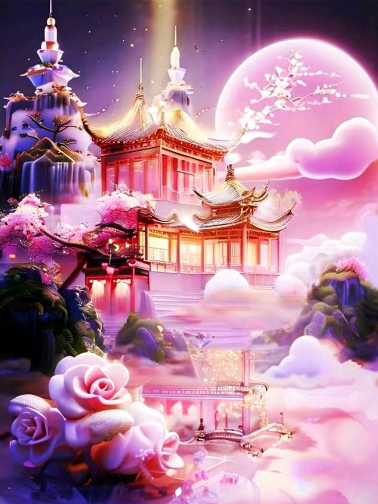 Diamond Painting Pink Castle Flower Landscape Cross Embroidery Castle 5DDIY Artist Living Wall Decoration Christmas Gift