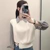 Autumn New Hem Open Button Knitted Sweater Top Women's Splicing Design Sense Korean Temperament Fake Two-piece Sweater Pullover