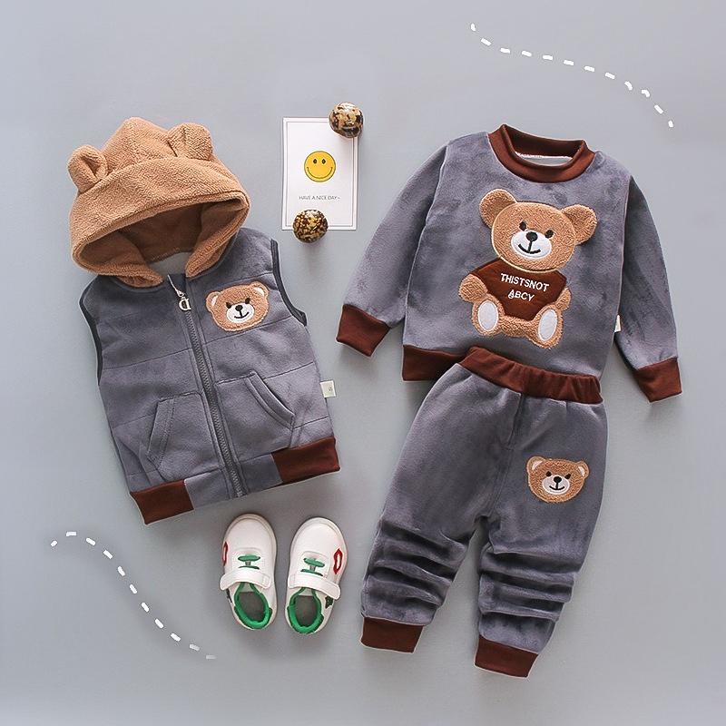 Autumn Winter Baby Boys Clothes Sets Thick Fleece Cartoon Bear Jacket Vest Pants 3Pcs Cotton Sport Suit For Girls Warm Outfits