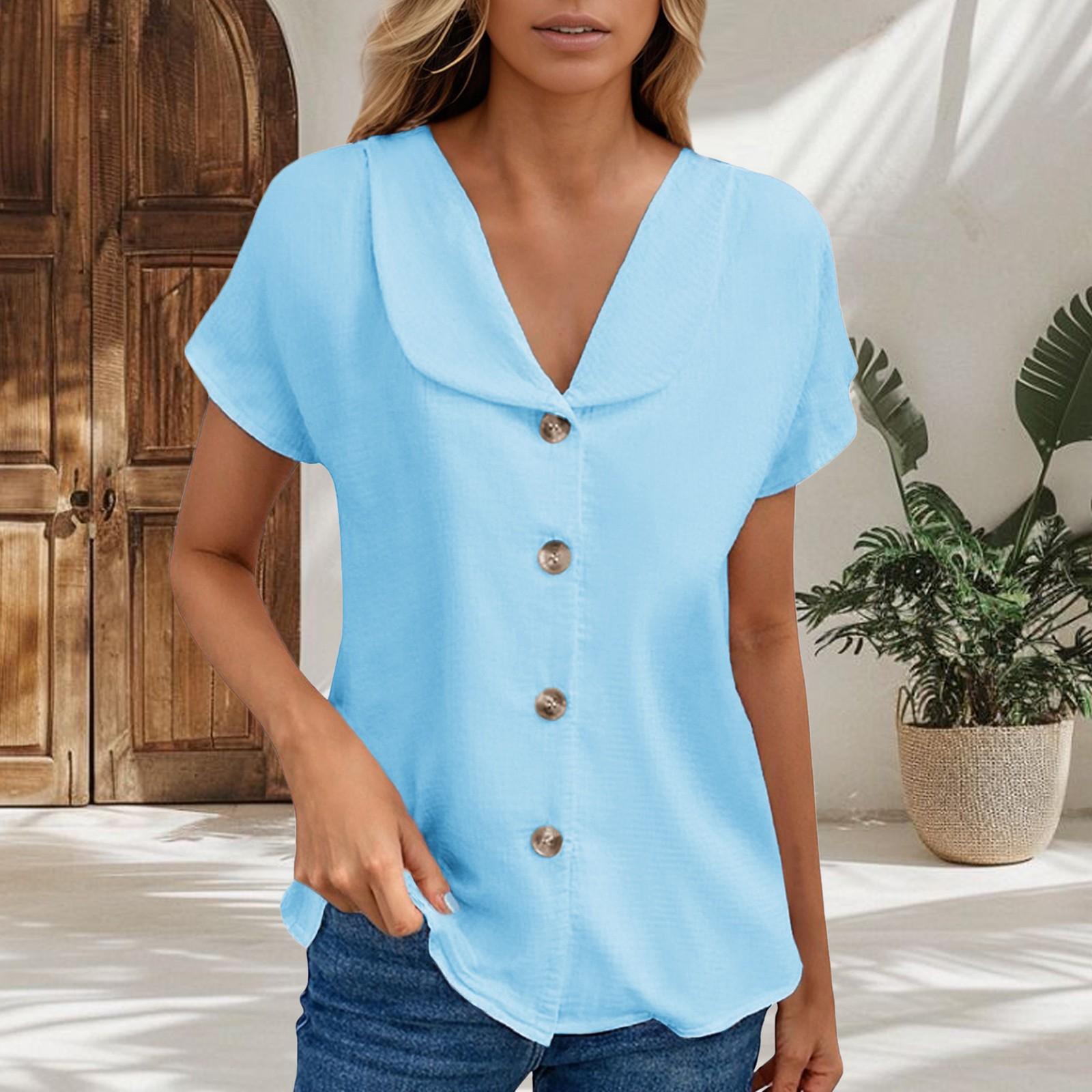 

Женский летний топ с коротким рукавом, рубашка с короткими рукавами, весенняя мода, повседневная одежда, рубашка, однотонный цвет, V-образный вырез, кардиган на пуговицах, короткий рукав XXL светло-синий
