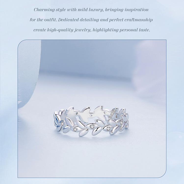 Versatile Everly Sterling Silver Leaf Ring with Rhodium Plated Zircon Band