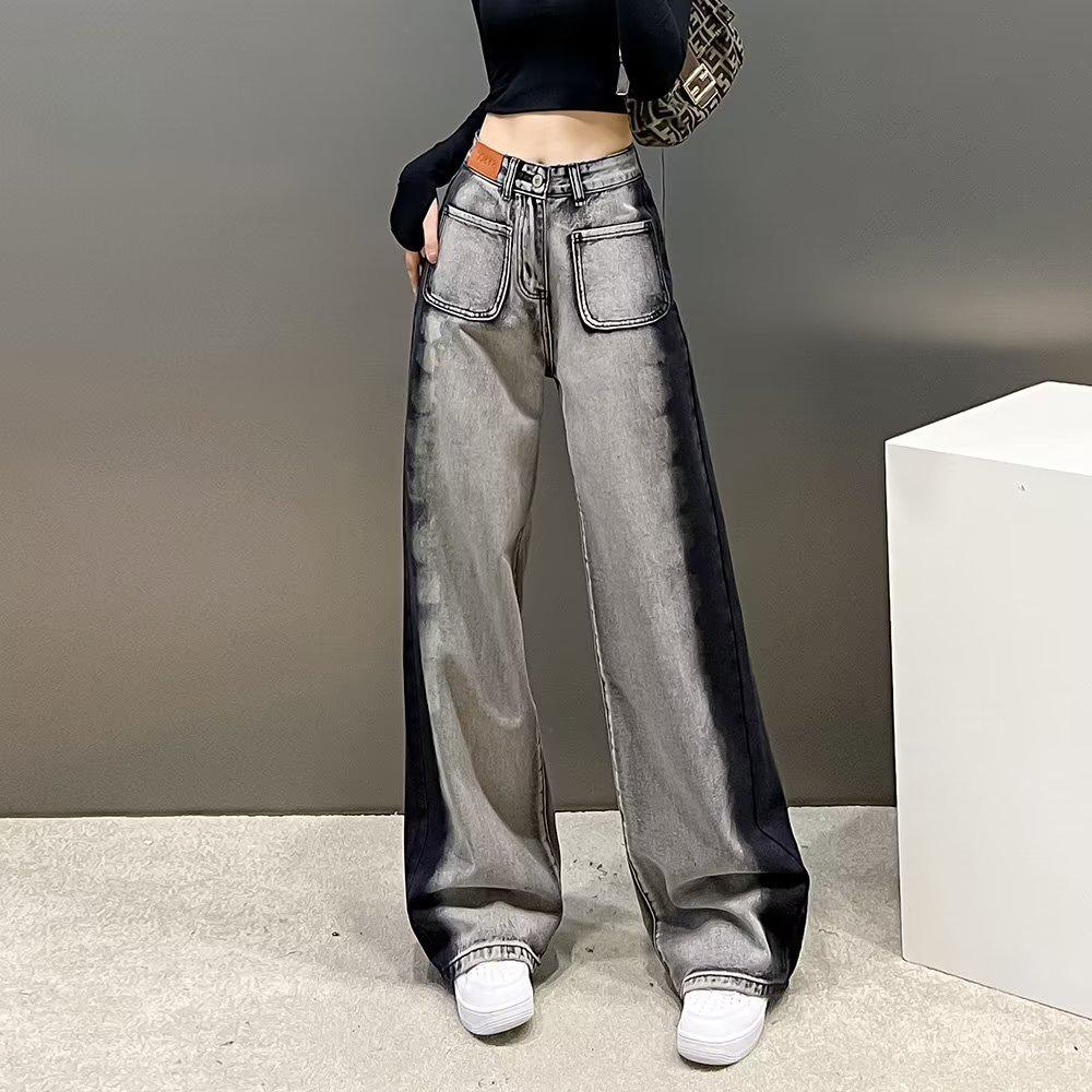 Women's Plus Size High Waist Color Block Wide Leg Jeans - American Design, Loose Fit, Floor-Length, Slimming