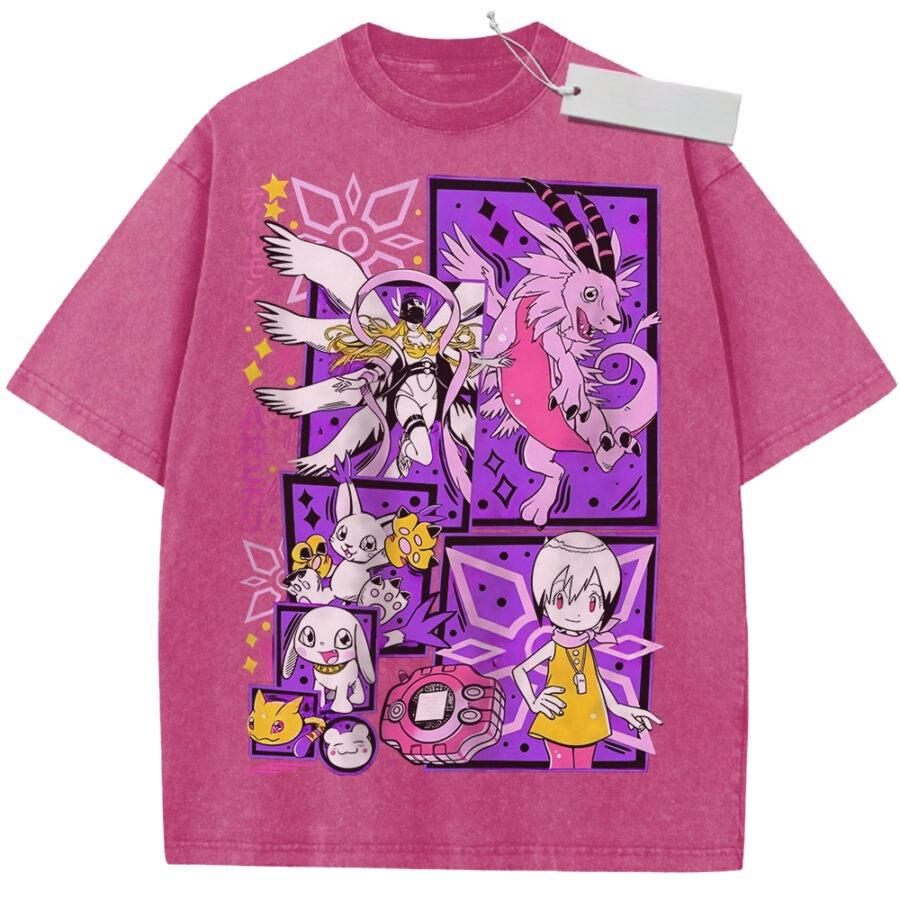 Unisex Washed Purple Vintage T  Shirt Digimon Adventure Characters High  Quality Fabric for Home Leisure Travel Shopping