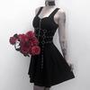 Women Black Zipper Pleated Strap Dress Gothic Street Punk Wind Cosplay Dress