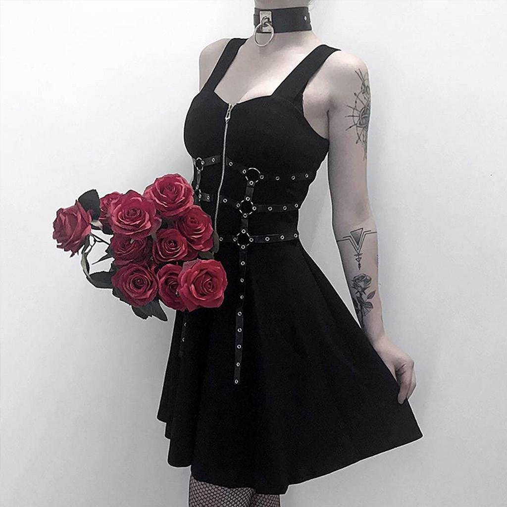 Women Black Zipper Pleated Strap Dress Gothic Street Punk Wind Cosplay Dress
