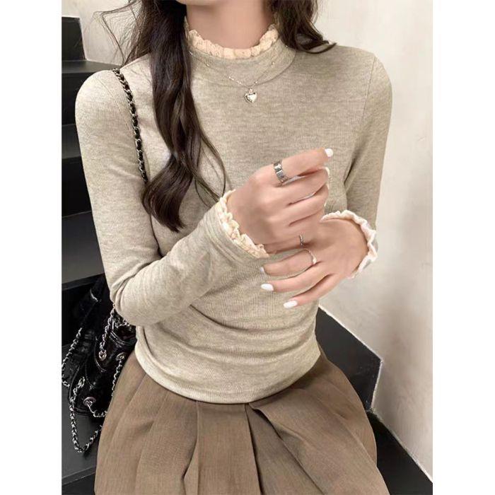 270g Lambswool Lace High-Collar Long-Sleeve T-Shirt for Women's Autumn/Winter