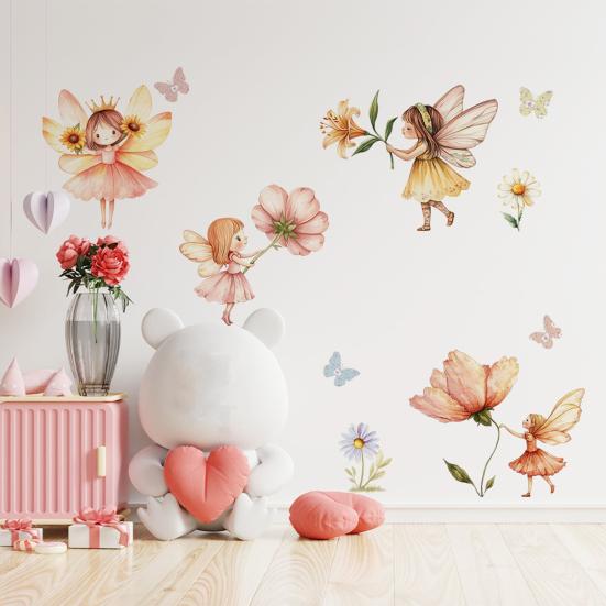 4Pcs Wall Decals, Flower Fairy Print Wall Stickers, Self-Adhesive Removable No Residue Waterproof Wall Decals for Home Bedroom Living Room Kids Room