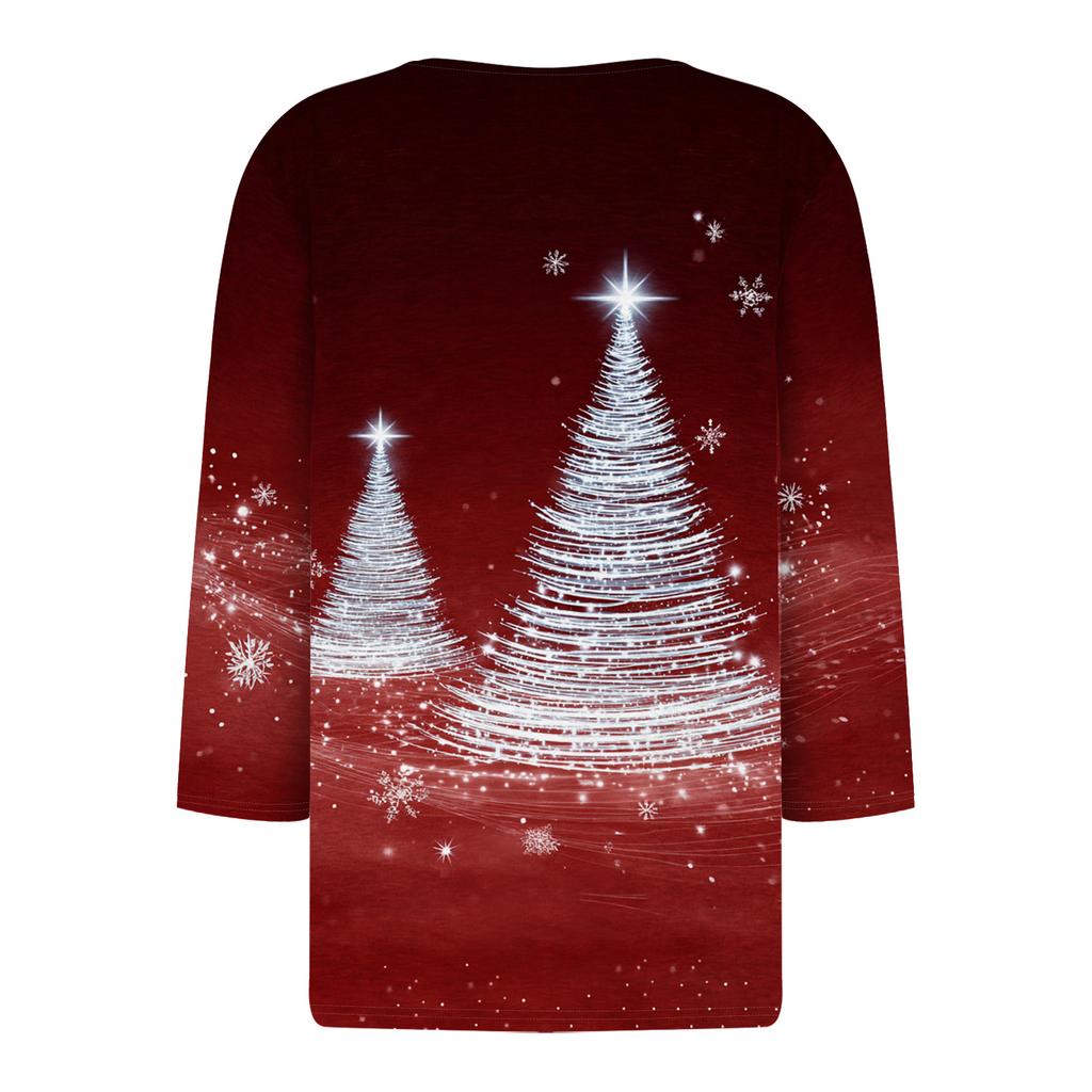 Women's Casual Fashion V-neck Loose Versatile Christmas Print Three-quarter Sleeve Top