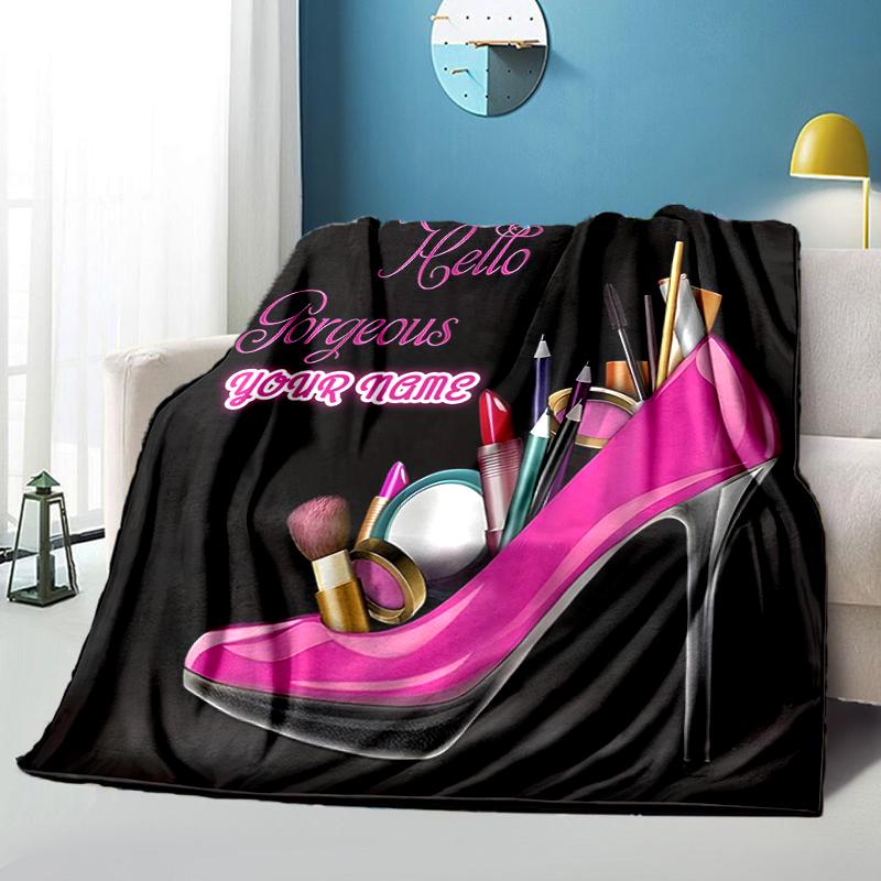 1PC Custom Name Glamorous Makeup Shoes outdooor Flannel blankets Throw Blanket All-Season Throw Gift Bedspread for Couch, Bed, Camping Holiday Birthda