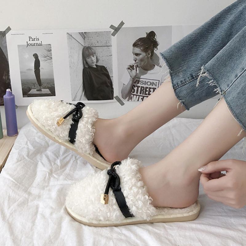 Autumn and winter Baotou hairy slippers, fashionable bow flat bottom anti slip wooden floor cover, foot hair mop