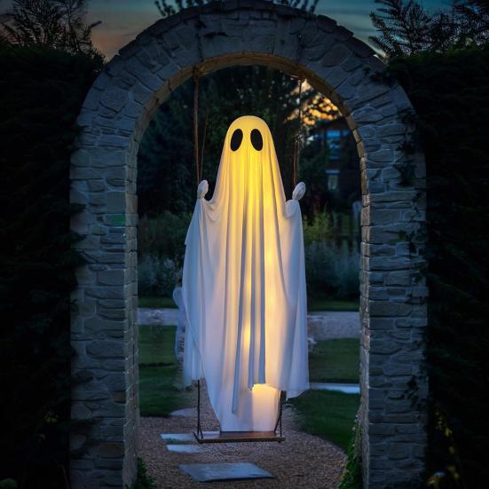 5 FT Hanging Swing Ghost Halloween Decoration LED Lighted Outdoor Large White Ghost Swinging Halloween Decor for Yard Tree Front Porch