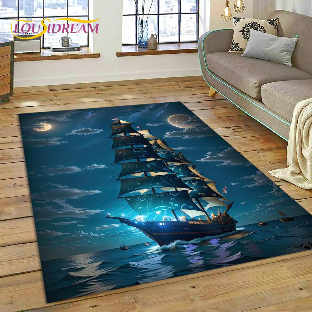 Antikes Piratenschiff Boot, Barke, Segelboot Teppich für Wohnzimmer Schlafzimmer Dekoration, Bodenteppich Rutschfeste Dekoration für Sofa Fußmatte