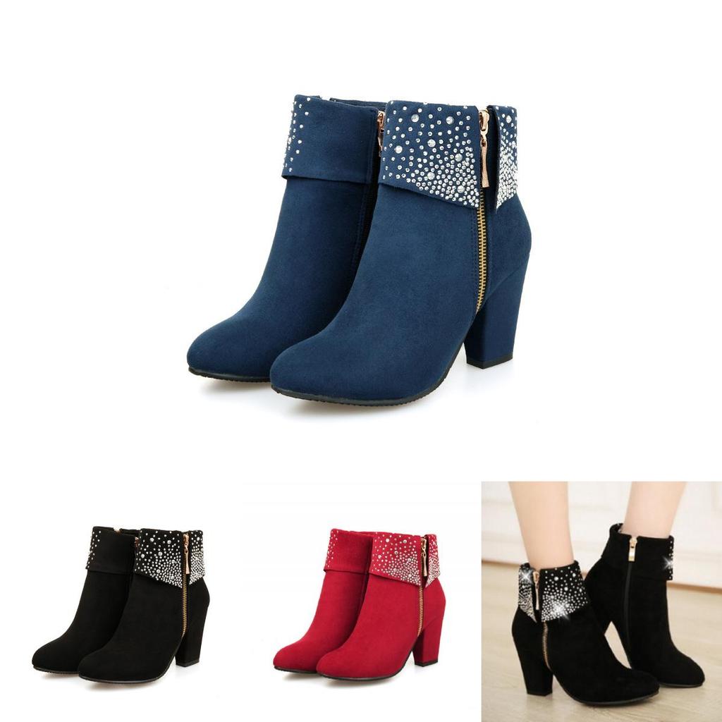 Damenmode Strass Klobige Reißverschluss Lederstiefel Mit Zeitlosem Design-Appeal