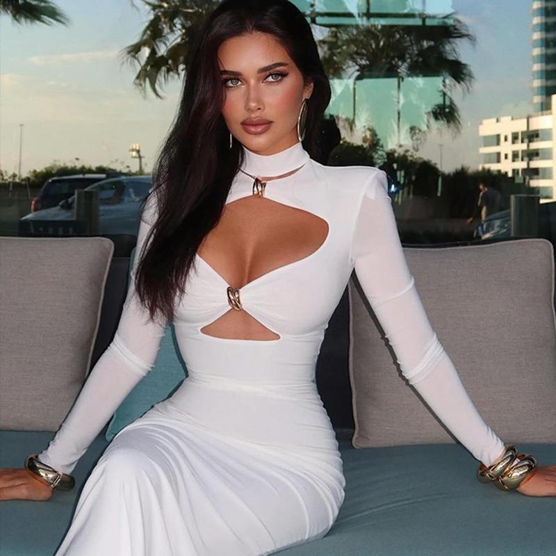 Women Hollow Out Solid Color Slim Fit Long Sleeve High Waist Bodycon Long Dress