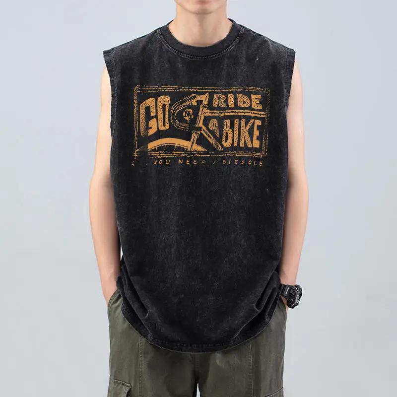 Retro Loose and Old Washed Sleeveless Trendy Brand Sports Pure Cotton Vest Men's T-shirt Summer