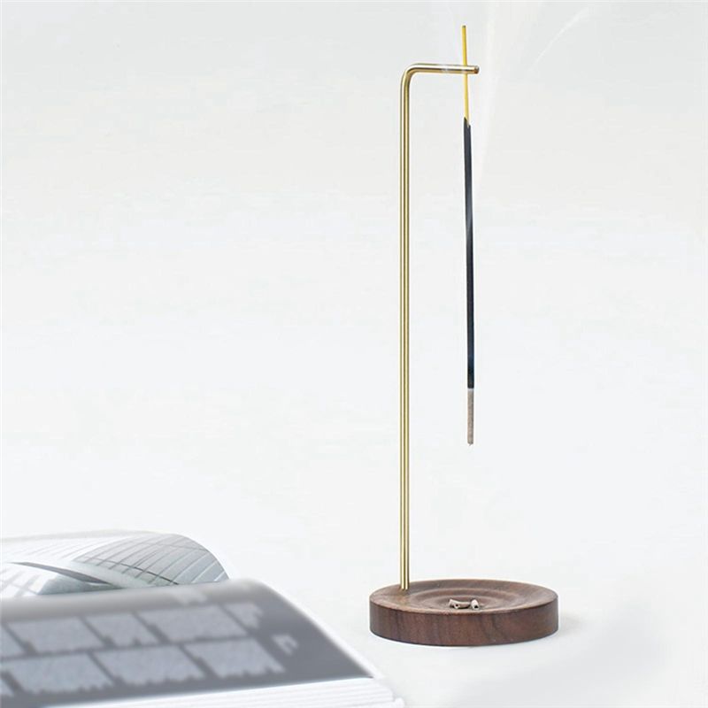 AEE4-Wooden Incense Holder Upside Down Incense Holder With Brass Stand Incense Tray Ash Catcher For Tea Room Decoration