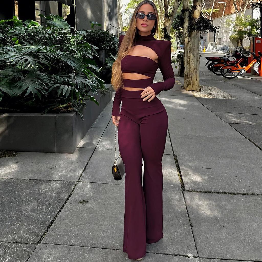 2025 Autumn European & American High-Neck Solid Color Slim-Fit Hollowed-Out Jumpsuit Set