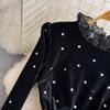 Balck Hepburn Sweet Style Women's Dress Flare Long Sleeve Diamond Stand Velvet High Waist A-line Dresses Autumn Winter Fashion Design Party Clothes