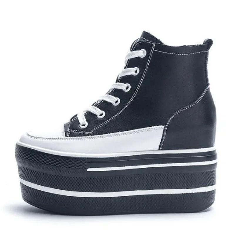 

Модные женские высокие кроссовки 10,5 см, повседневные кожаные ботинки на шнуровке, кроссовки для женщины, весенне-осенняя обувь, туфли-кроссовки на высоком каблуке 33 чёрный