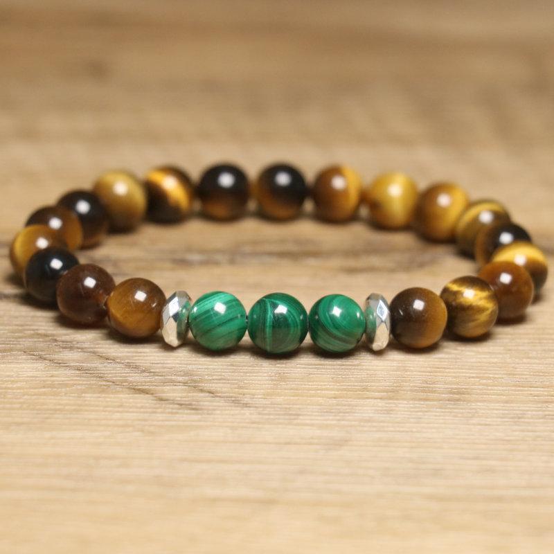 Tiger's Eye Malachite Bead Bracelet – Black Onyx Silver Accent Protection Jewelry, Men's Grounding Gift
