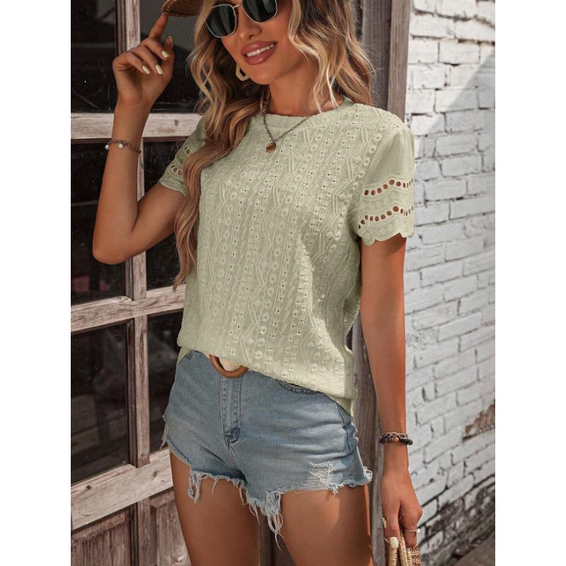DAFIFY Women's Fashion Casual Summer Spring Solid Color Print Short Sleeve O-Neck Blouses & Shirts