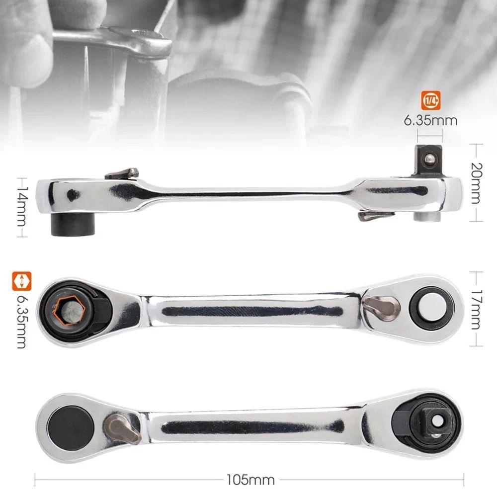 Mini trojúhelníkový ráčnový klíč 1/4", oboustranný rychloupínací ráčnový klíč, šroubovák, šestihranný momentový klíč, sada 2 v 1 klíčů