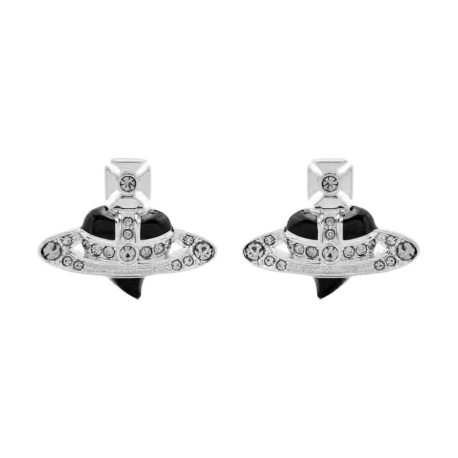 Vivienne Westwood New Diamante Porcelain Heart Shaped Saturn Earrings Women Earrings Black Silver 25228634 Basic Packaging-Dust Bag+Box