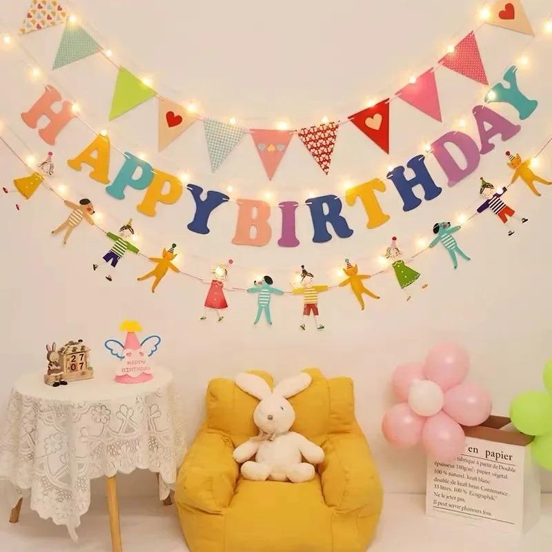 Happy Birthday Banner Set String Lights Hanging Flag Birthday Theme Party Decorations Boys Girls Baby Shower Decor Photo Props