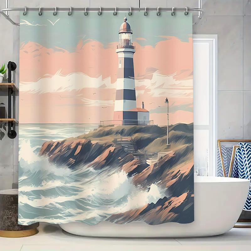 Beach Bath Shower Curtain with Lighthouse Print for Bathroom Decor Waterproof Fabric in Pink Blue Colors Perfect Gift Idea for H