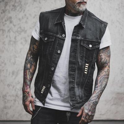 Men 'S Spring And Autumn New Street Sleeveless Vest Motorcycle Personality Skull Print Pattern Punk Wind Hole Denim Vest Jacket