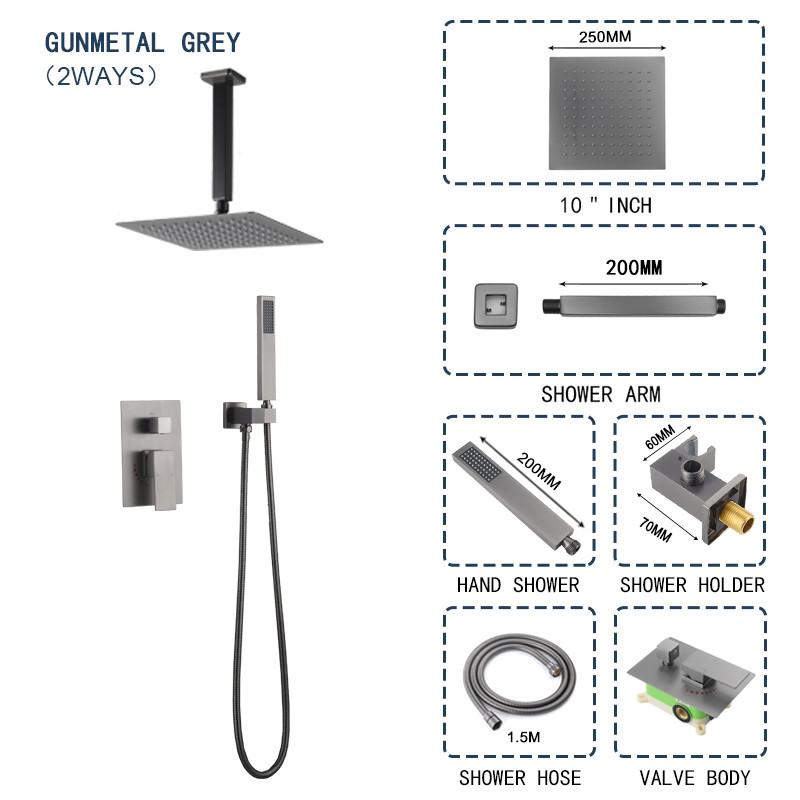 Brass Wall Embed Mount Grey Color 1/2/3 Function Concealed Shower System 10 Inch Top Rain Spray Hand Shower Head Bathroom Faucet