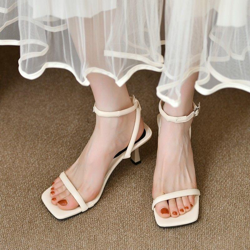 Strap High Heels French Temperament Solid Color High-end One-word Strap Open-toe Stiletto Sandals Women's Summer New Models