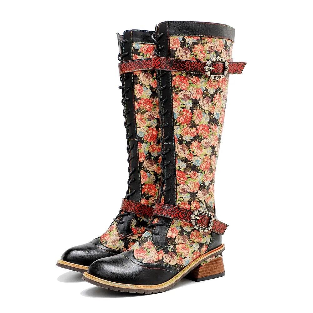 Johnature Handpainted Genuine Leather Women Long Boots Retro Floral Lace Up Belt Buckle Mid-calf Boots