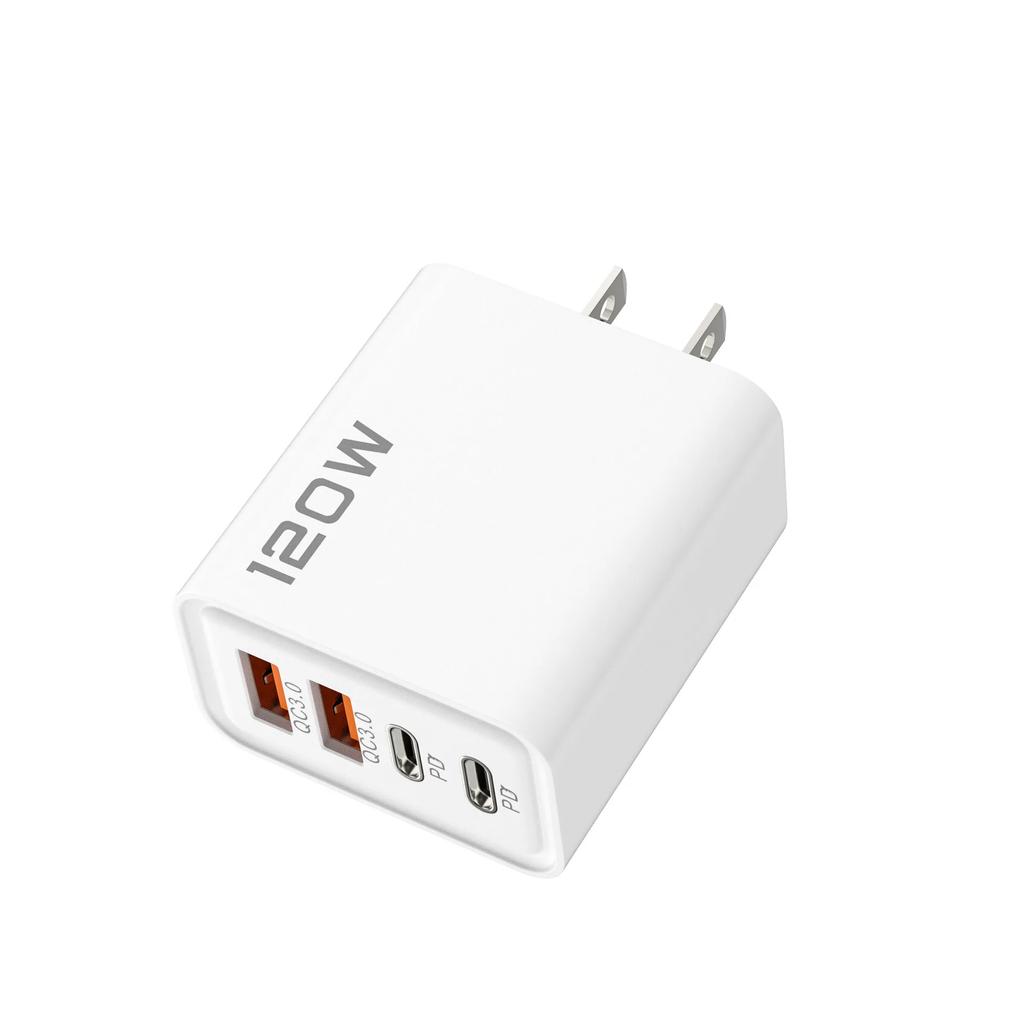 Total 120W 4-Port Fast Charger Station PD QC3.0 USB C Wall Adapter Compact Powerful Charging Hub for Laptop Tablet Smart Devices