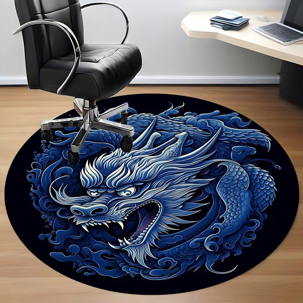 1pc Blue Dragon Design Chair Carpet for Office, Round Non Slip Durable Large Size Office Carpet, Suitable for Office