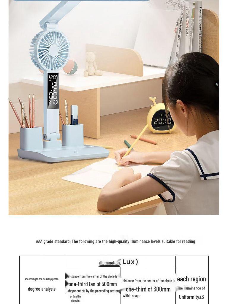 LED Augenschutz-Schreibtischlampe mit Uhr, wiederaufladbare Dual-Use-Ventilatorleuchte, Nachtlicht mit langer Akkulaufzeit
